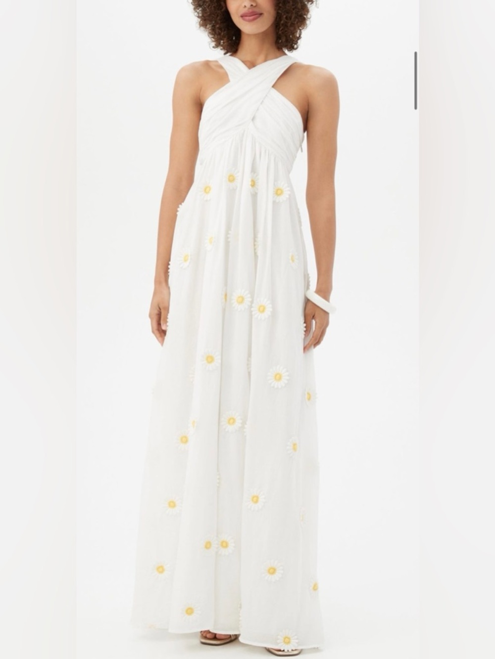 Trina Turk White Daisy Embroidered Maxi  Dress Criss Cross Halter- Size 6 - Picture 2 of 8
